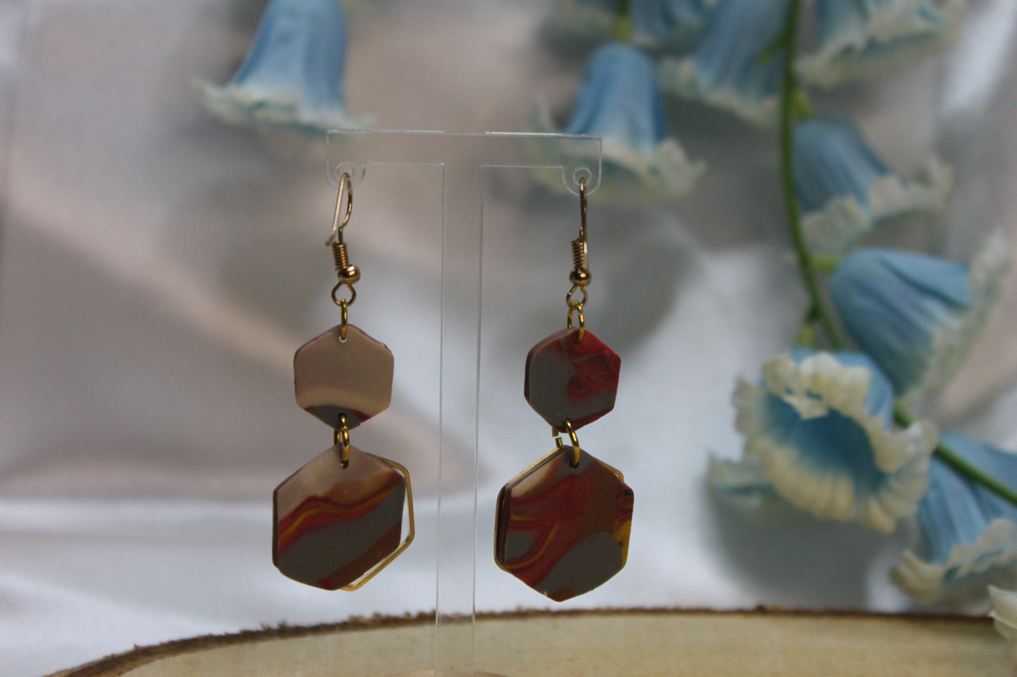 Rétro Héxagone marbre / boucles d'oreilles