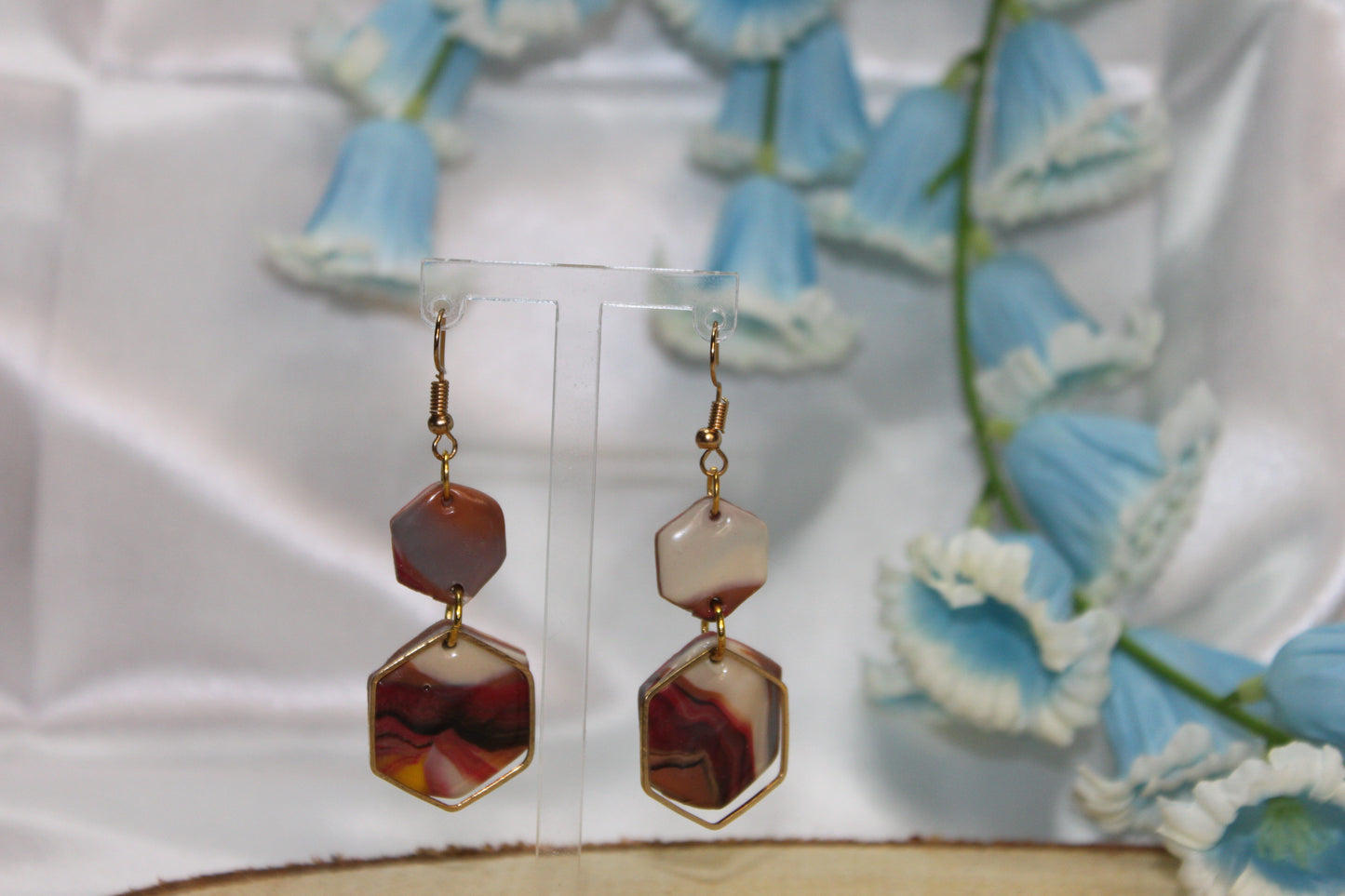 Rétro Héxagone marbre / boucles d'oreilles